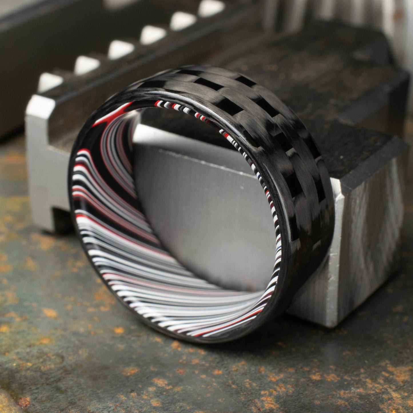 Men's Wedding Band. 5HS Carbon Fiber Ring Lined With Tilted Fordite. Gloss Finish Carbon Fiber. Black Ring.