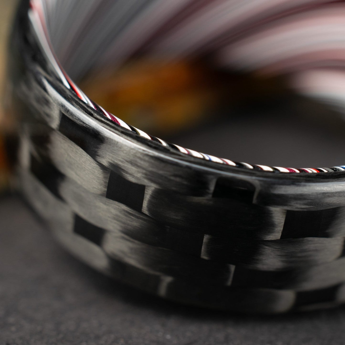 Men's Wedding Band. 5HS Carbon Fiber Ring Lined With Tilted Fordite. Gloss Finish Carbon Fiber. Black Ring.