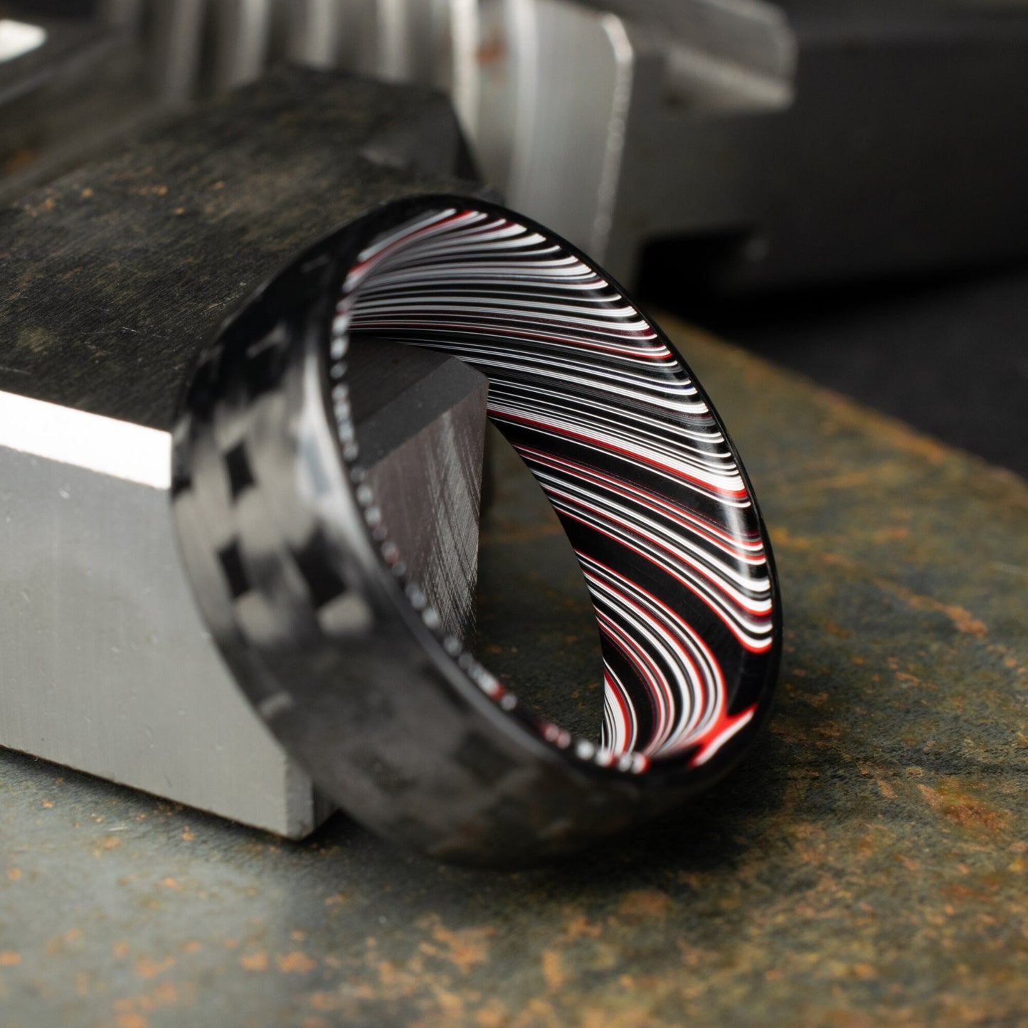 Men's Wedding Band. 5HS Carbon Fiber Ring Lined With Tilted Fordite. Gloss Finish Carbon Fiber. Black Ring.