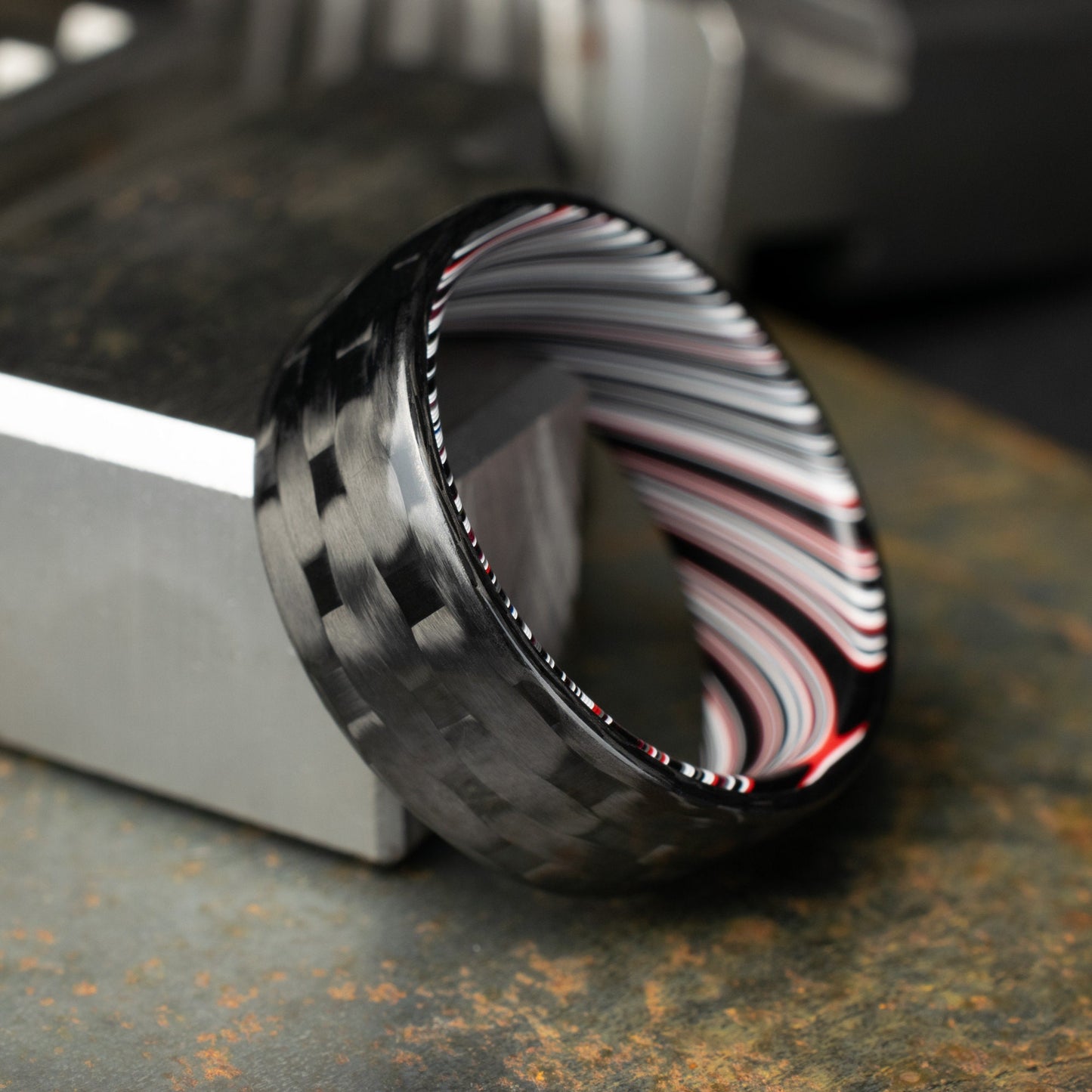 Men's Wedding Band. 5HS Carbon Fiber Ring Lined With Tilted Fordite. Gloss Finish Carbon Fiber. Black Ring.