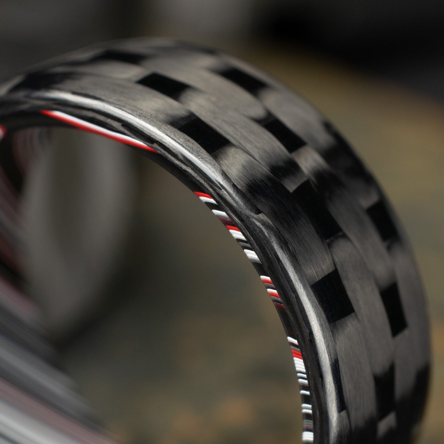 Men's Wedding Band. 5HS Carbon Fiber Ring Lined With Tilted Fordite. Gloss Finish Carbon Fiber. Black Ring.