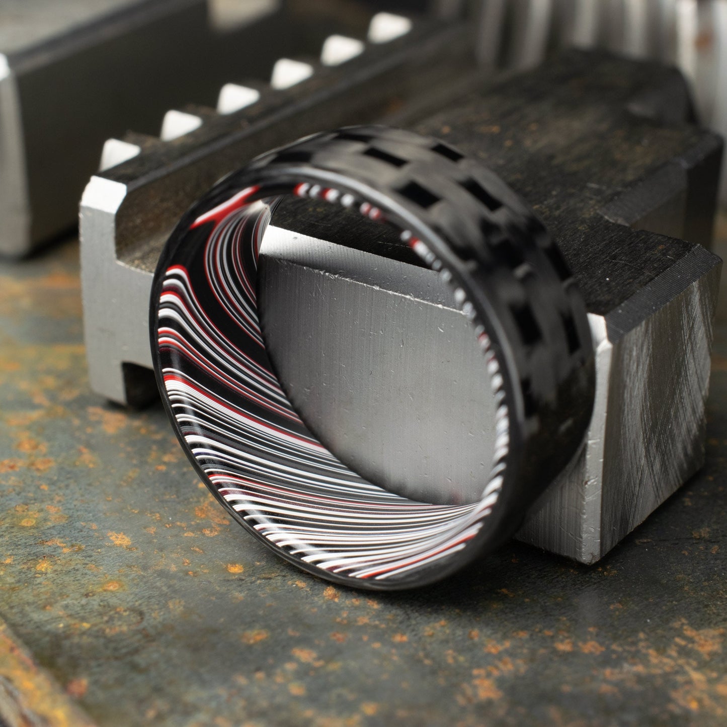 Men's Wedding Band. 5HS Carbon Fiber Ring Lined With Tilted Fordite. Gloss Finish Carbon Fiber. Black Ring.