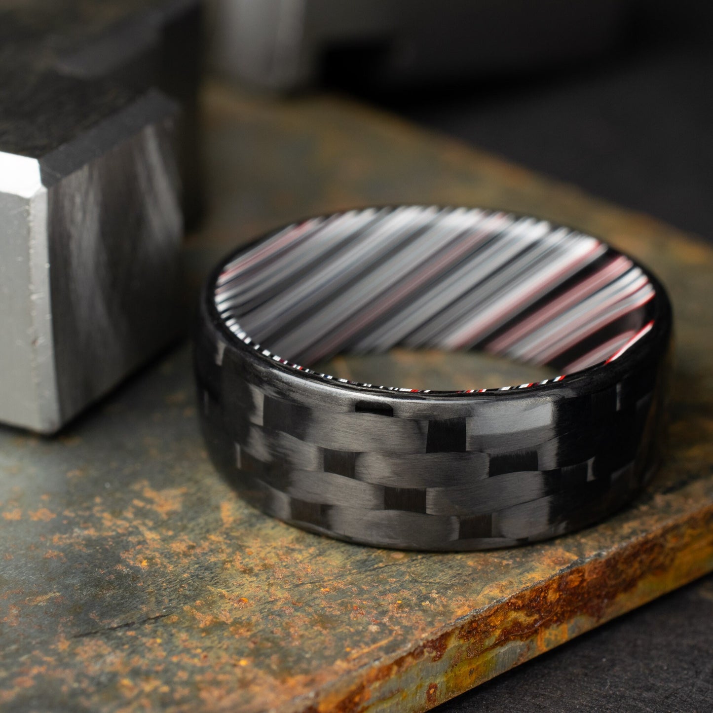Men's Wedding Band. 5HS Carbon Fiber Ring Lined With Tilted Fordite. Gloss Finish Carbon Fiber. Black Ring.