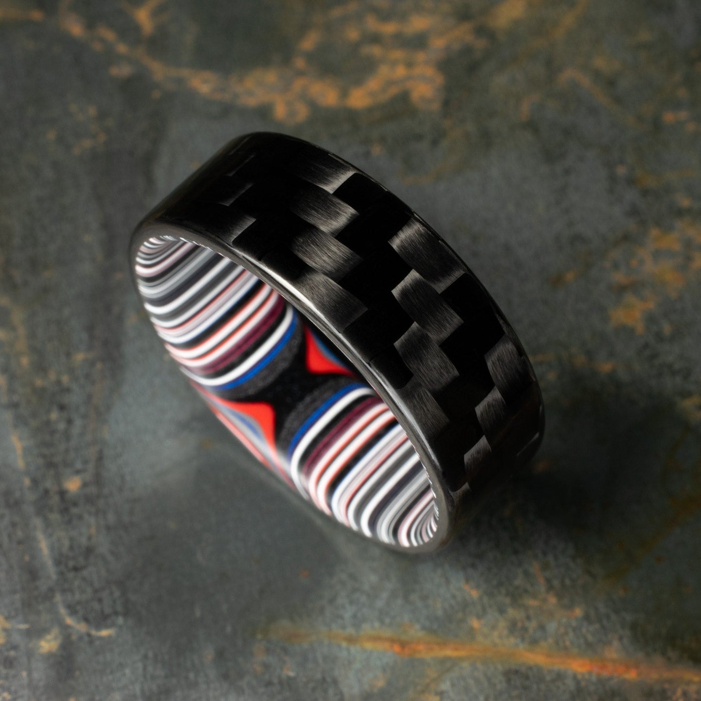 3k Twill Carbon Fiber Ring Lined With Crosscut Fordite. Polished Finish Carbon Fiber. Men's Wedding Band. Black Ring.