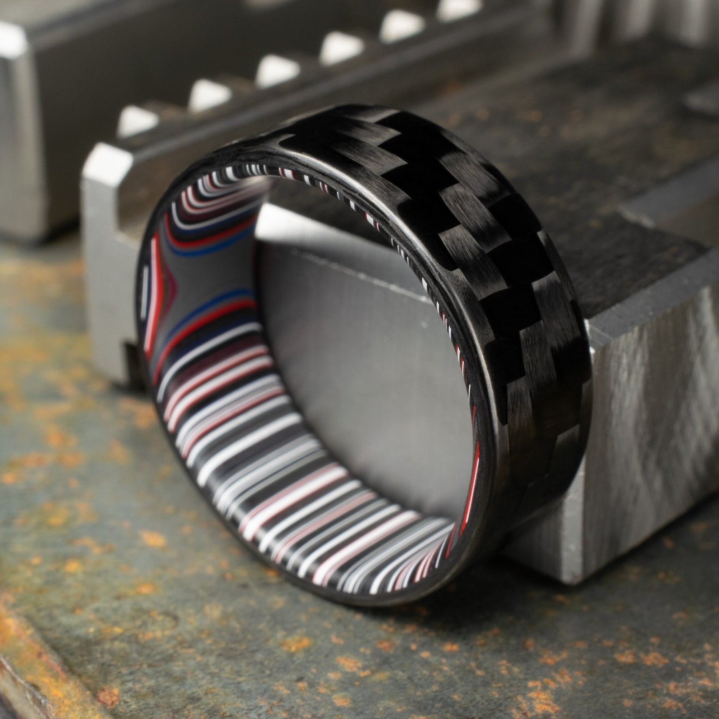3k Twill Carbon Fiber Ring Lined With Crosscut Fordite. Polished Finish Carbon Fiber. Men's Wedding Band. Black Ring.