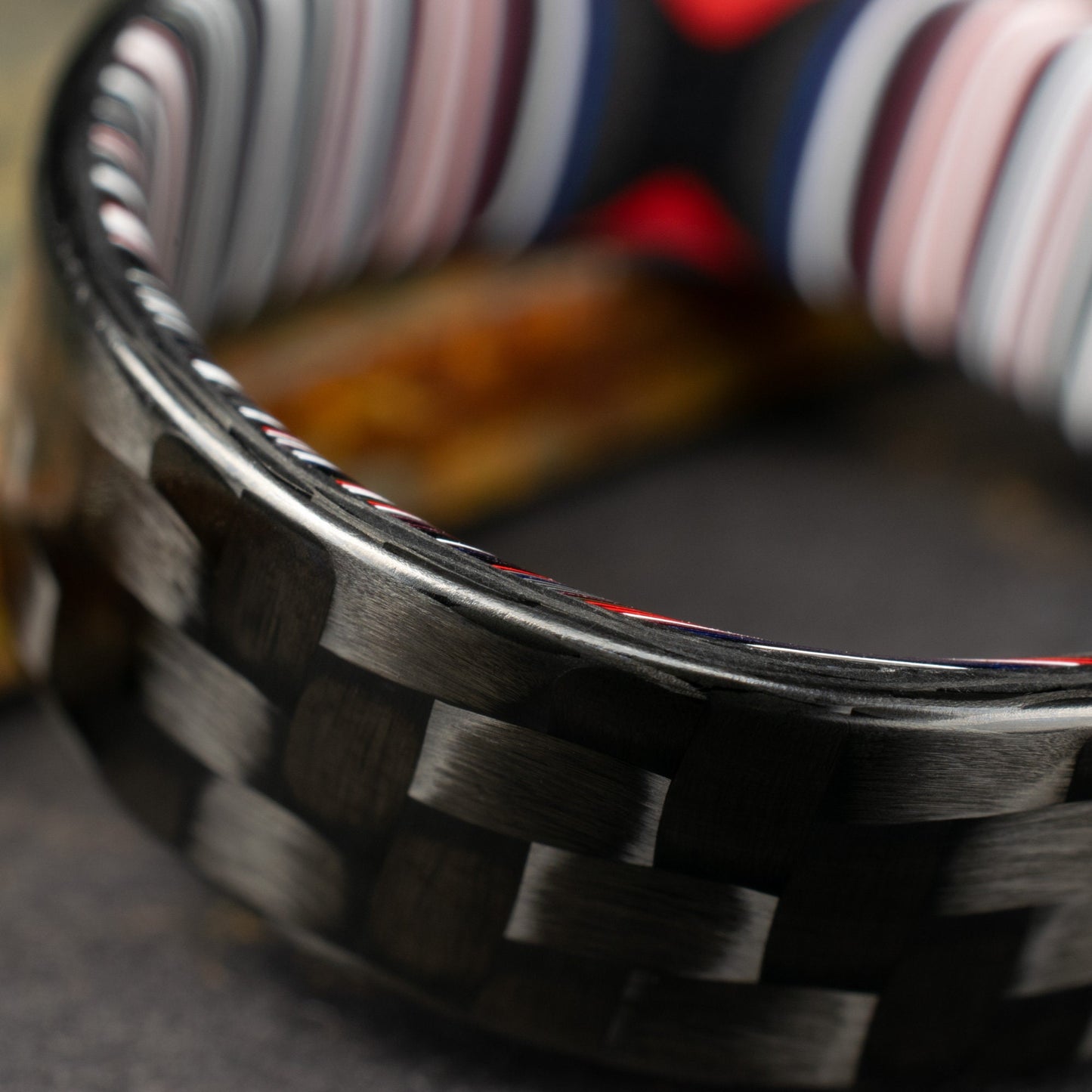 3k Twill Carbon Fiber Ring Lined With Crosscut Fordite. Polished Finish Carbon Fiber. Men's Wedding Band. Black Ring.