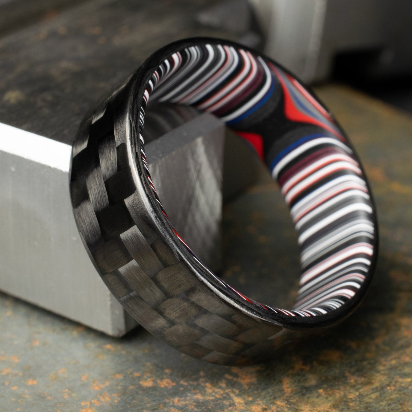 3k Twill Carbon Fiber Ring Lined With Crosscut Fordite. Polished Finish Carbon Fiber. Men's Wedding Band. Black Ring.
