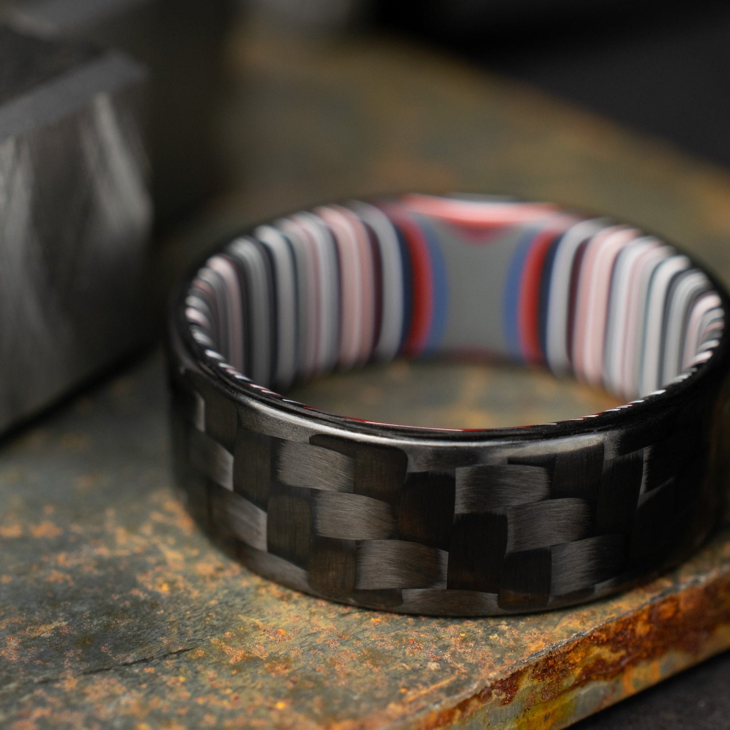 3k Twill Carbon Fiber Ring Lined With Crosscut Fordite. Polished Finish Carbon Fiber. Men's Wedding Band. Black Ring.