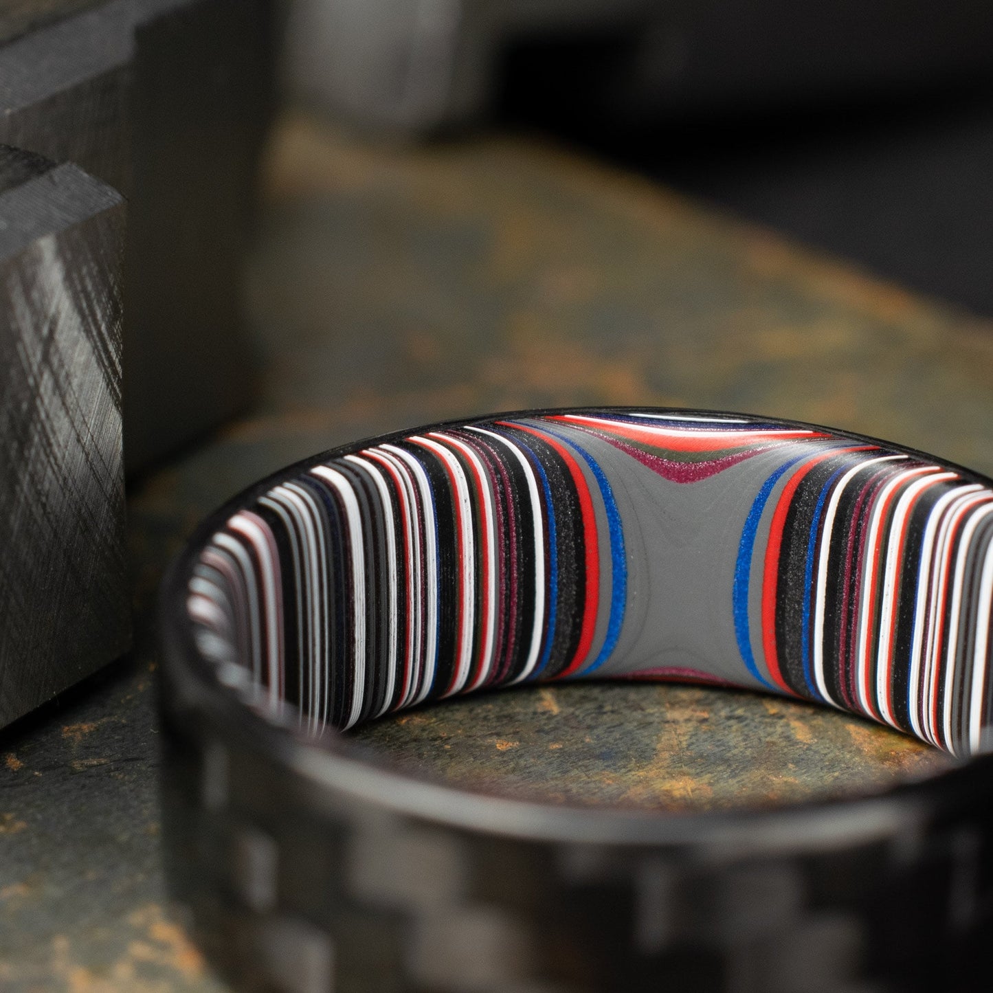 3k Twill Carbon Fiber Ring Lined With Crosscut Fordite. Polished Finish Carbon Fiber. Men's Wedding Band. Black Ring.