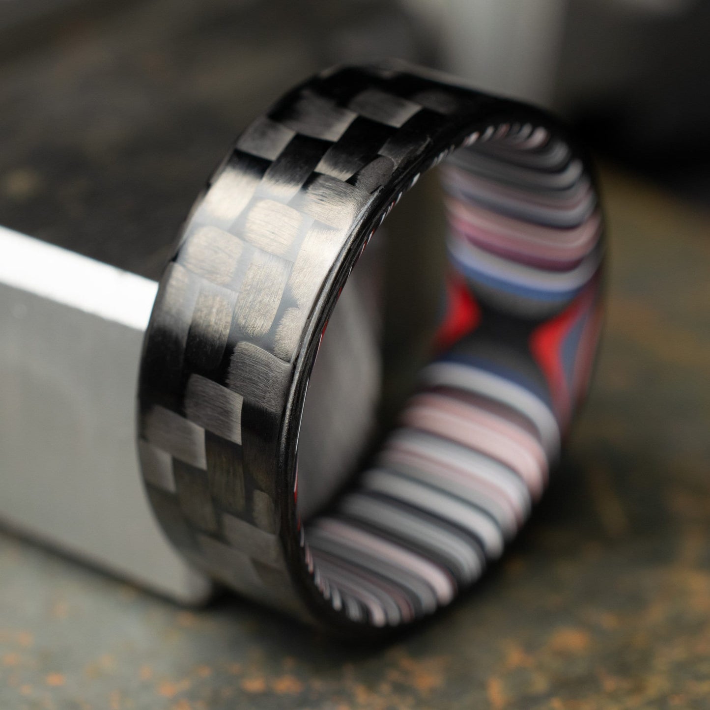 3k Twill Carbon Fiber Ring Lined With Crosscut Fordite. Polished Finish Carbon Fiber. Men's Wedding Band. Black Ring.