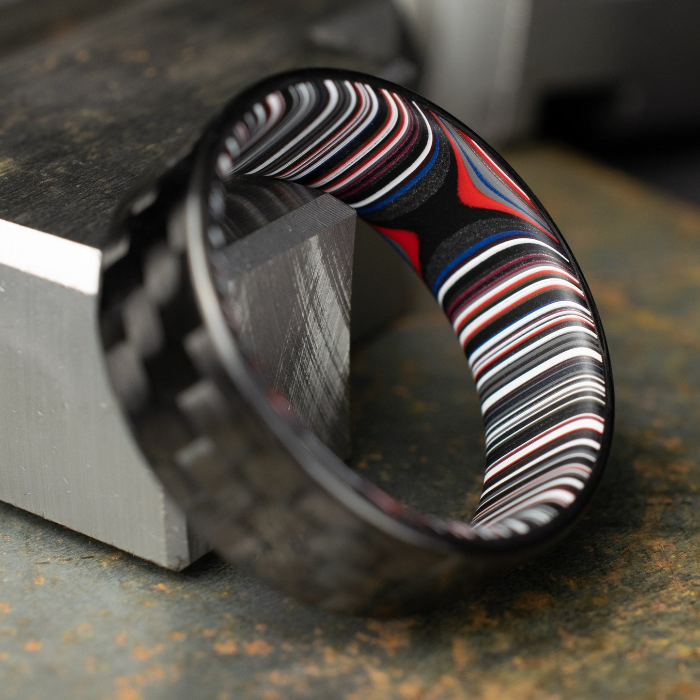 3k Twill Carbon Fiber Ring Lined With Crosscut Fordite. Polished Finish Carbon Fiber. Men's Wedding Band. Black Ring.