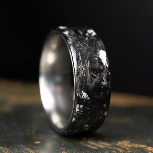 Polished Pure Silver Chopped Carbon Fiber, Lined With Titanium. Forged Carbon Fiber. Black Wedding Ring. Durable Ring.