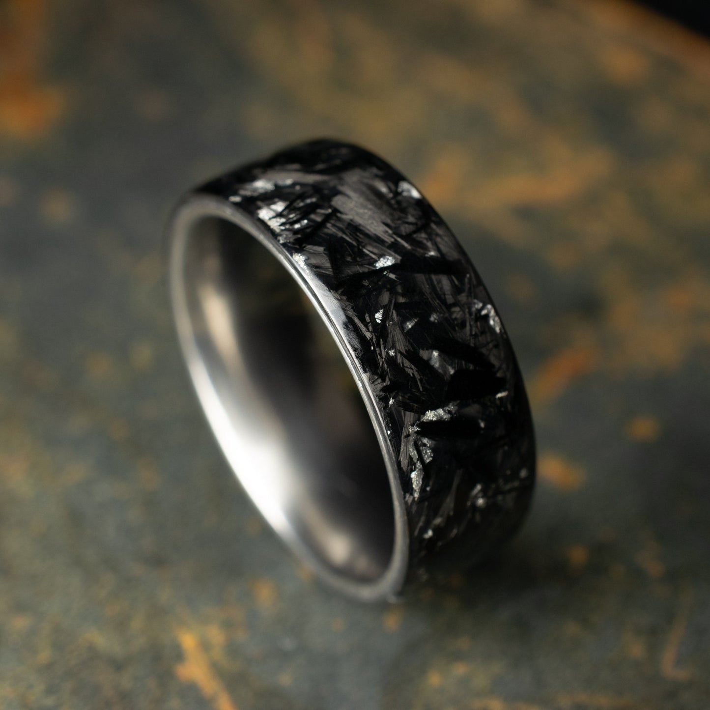 Polished Pure Silver Chopped Carbon Fiber, Lined With Titanium. Forged Carbon Fiber. Black Wedding Ring. Durable Ring.