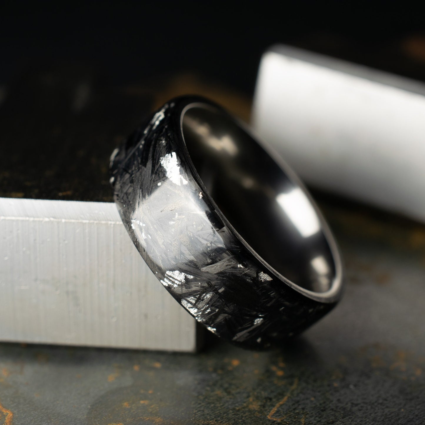 Polished Pure Silver Chopped Carbon Fiber, Lined With Titanium. Forged Carbon Fiber. Black Wedding Ring. Durable Ring.