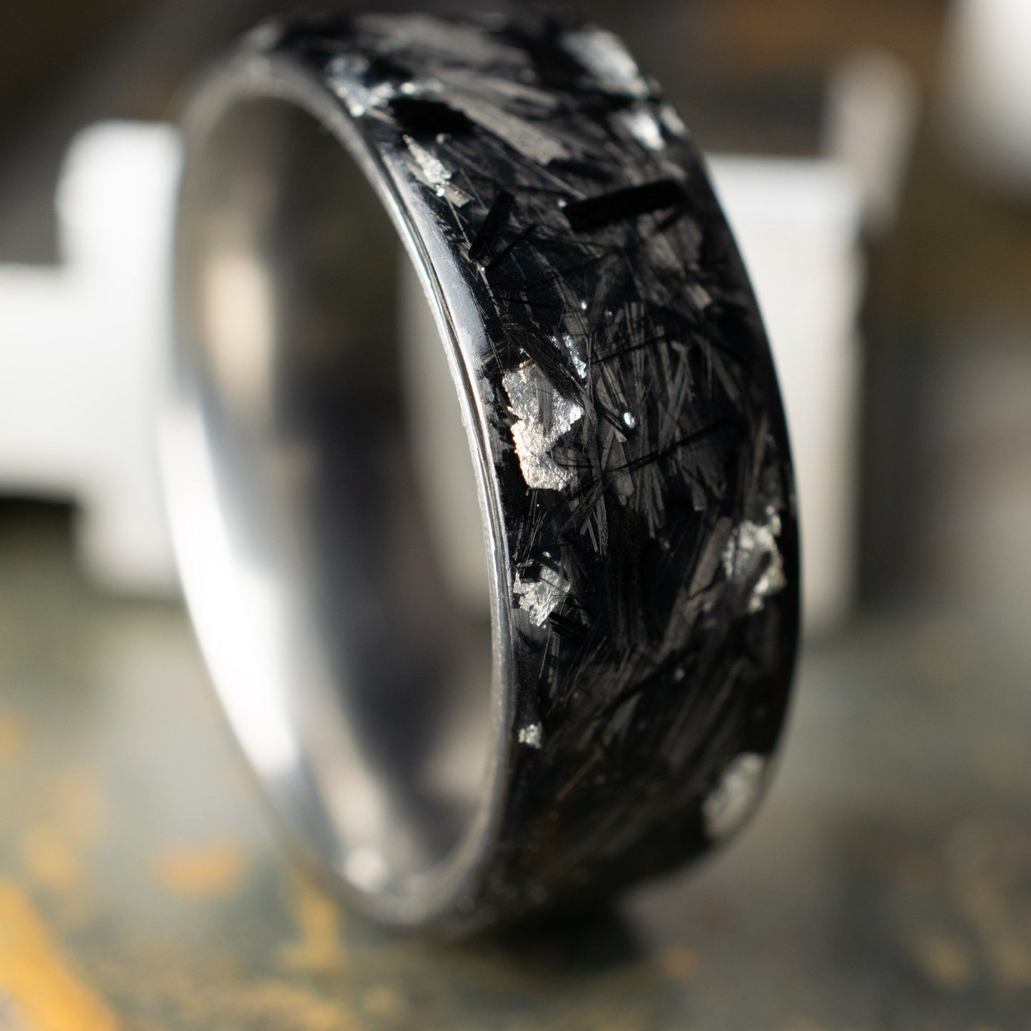 Polished Pure Silver Chopped Carbon Fiber, Lined With Titanium. Forged Carbon Fiber. Black Wedding Ring. Durable Ring.