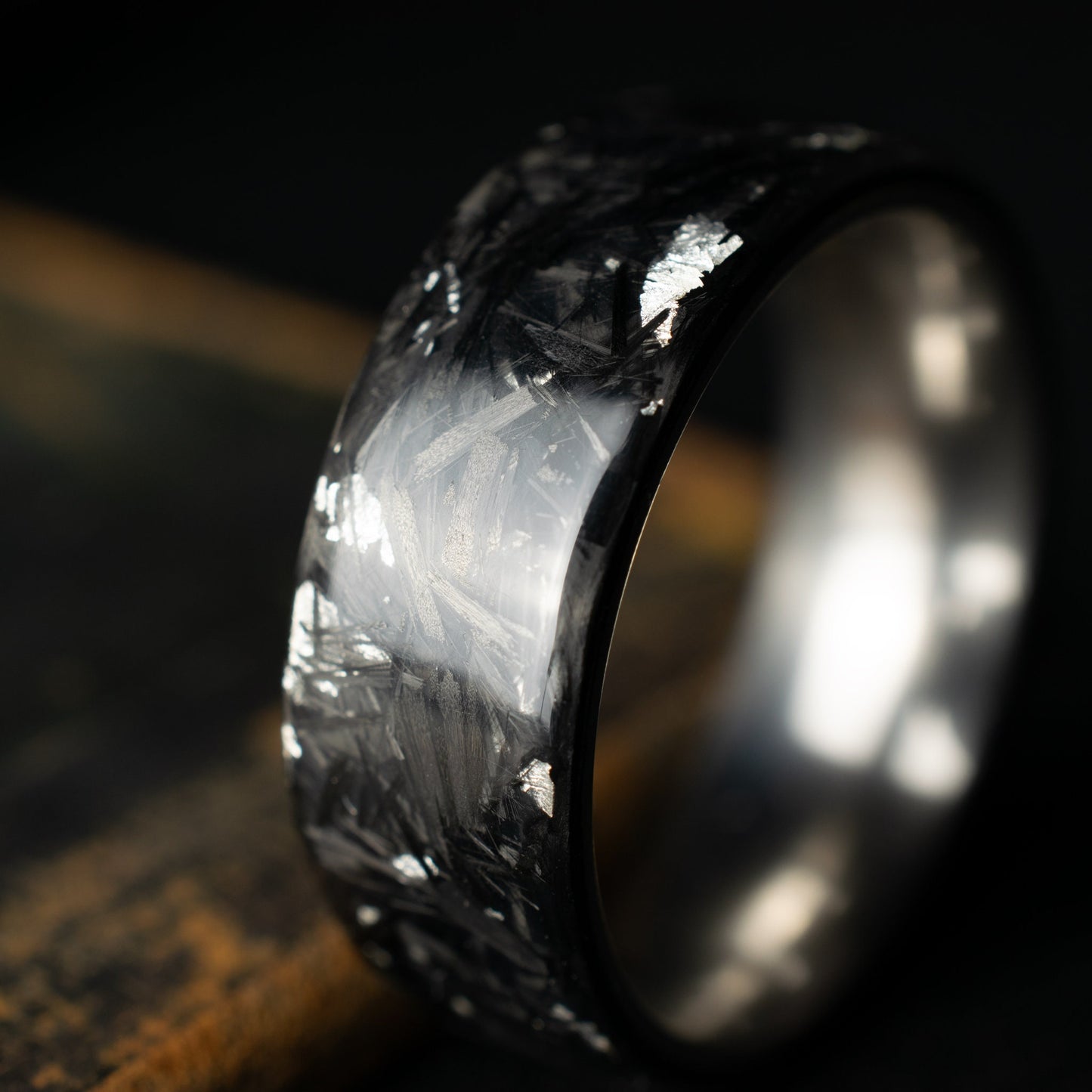 Polished Pure Silver Chopped Carbon Fiber, Lined With Titanium. Forged Carbon Fiber. Black Wedding Ring. Durable Ring.