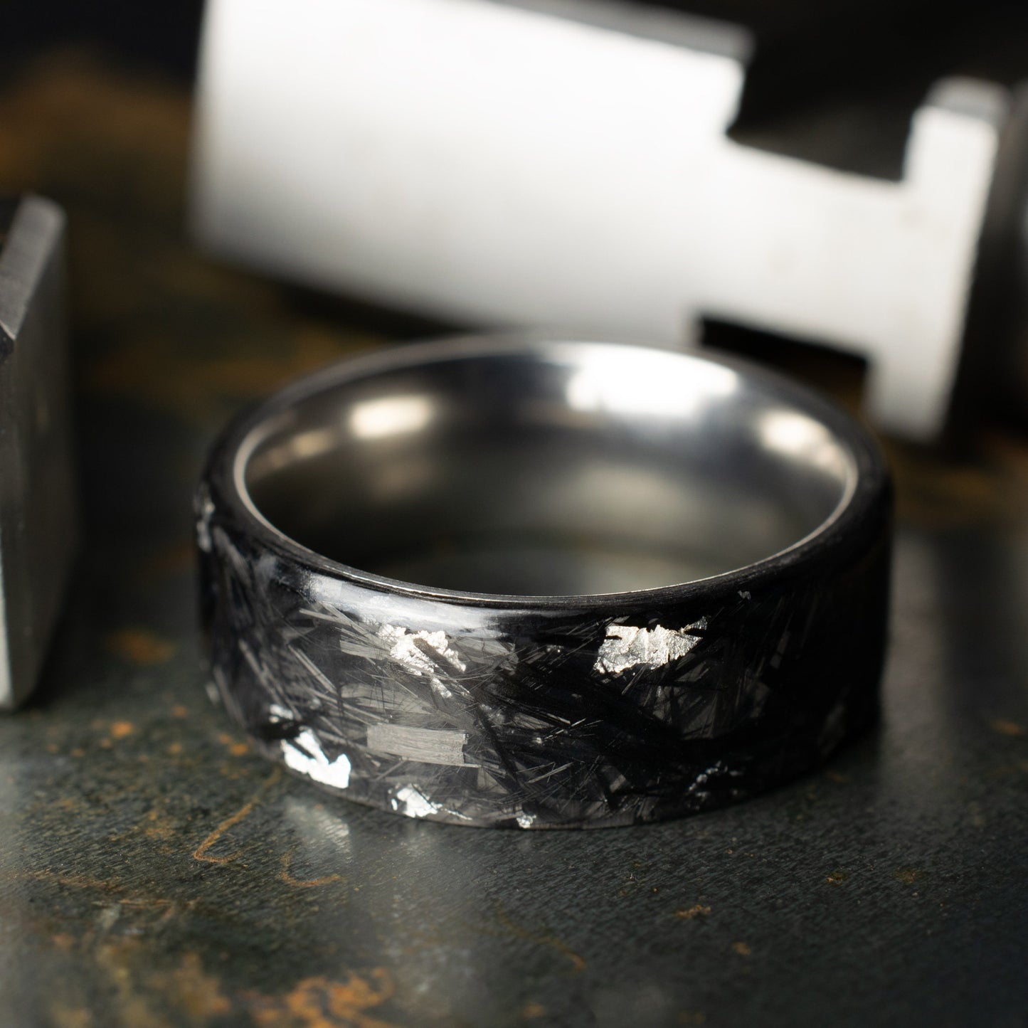Polished Pure Silver Chopped Carbon Fiber, Lined With Titanium. Forged Carbon Fiber. Black Wedding Ring. Durable Ring.