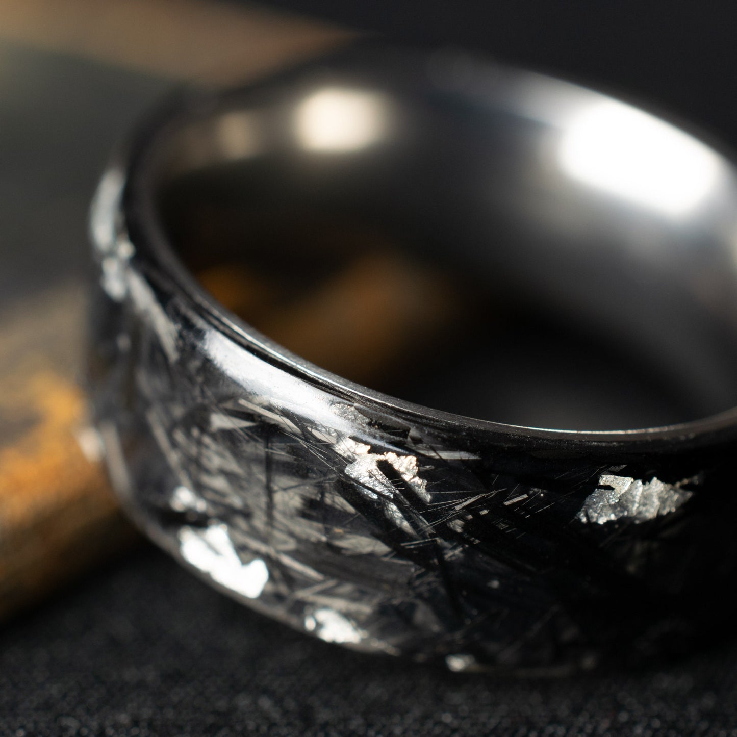 Polished Pure Silver Chopped Carbon Fiber, Lined With Titanium. Forged Carbon Fiber. Black Wedding Ring. Durable Ring.