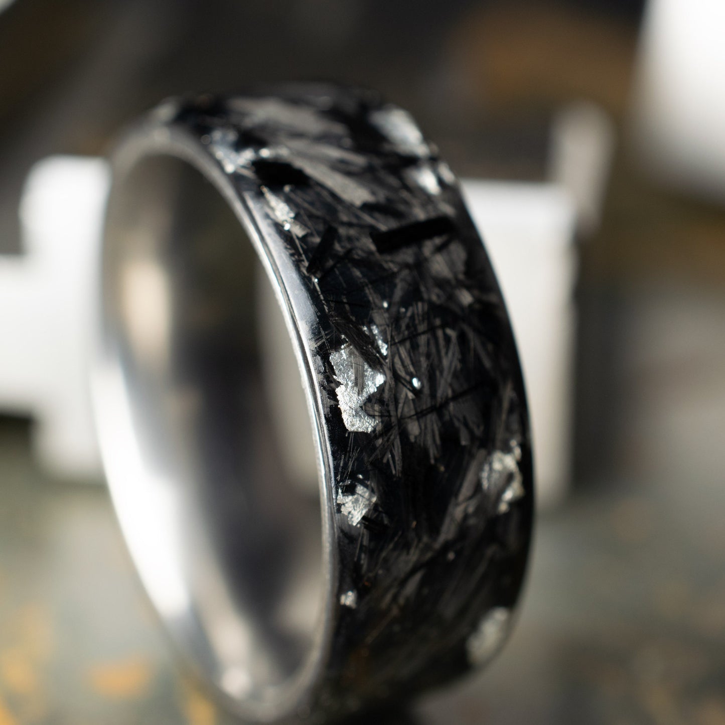 Polished Pure Silver Chopped Carbon Fiber, Lined With Titanium. Forged Carbon Fiber. Black Wedding Ring. Durable Ring.