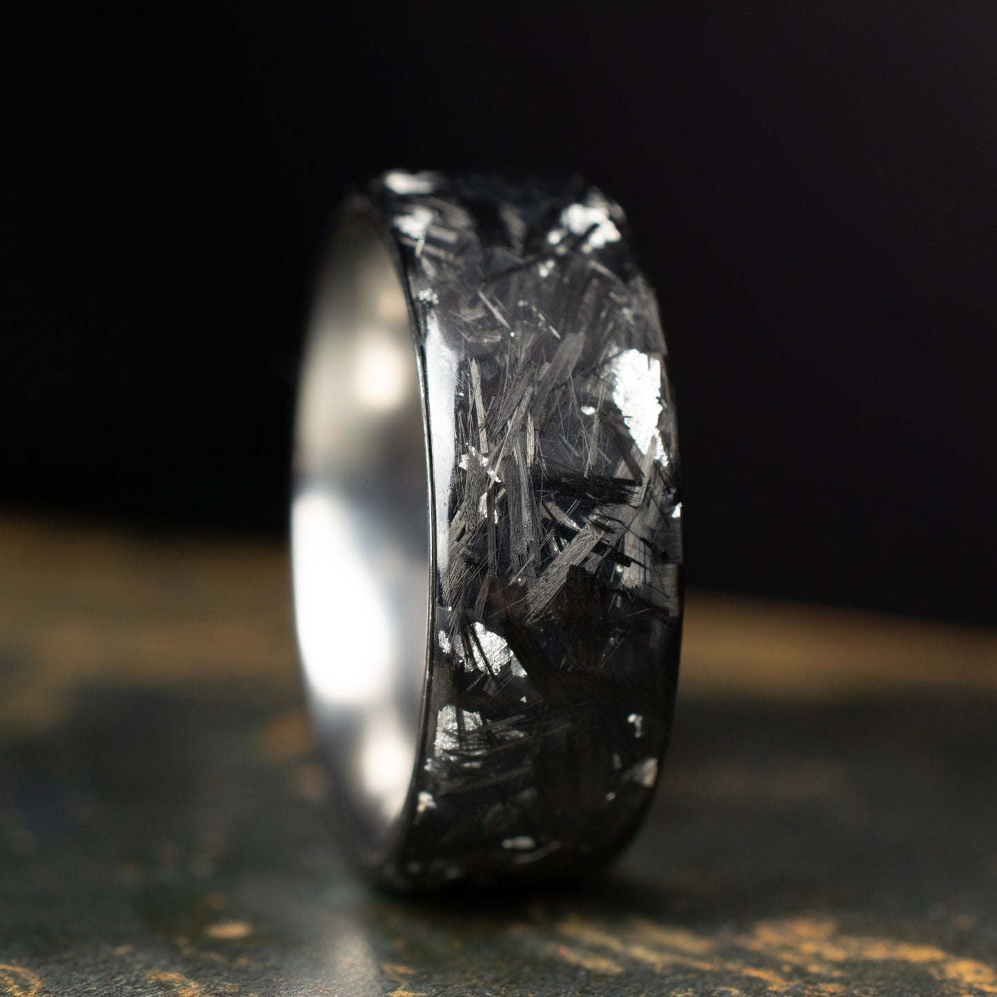 Polished Pure Silver Chopped Carbon Fiber, Lined With Titanium. Forged Carbon Fiber. Black Wedding Ring. Durable Ring.