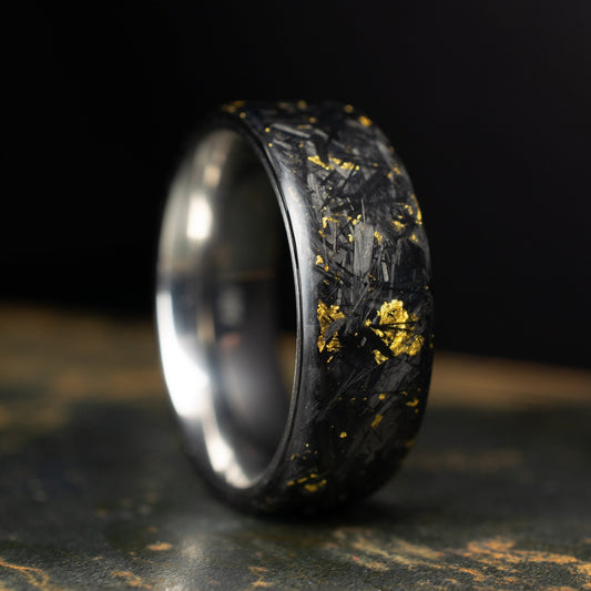 Matte 24k Gold Chopped Carbon Fiber, Lined With Titanium. Forged Carbon. Durable Waterproof Mens Wedding Band.