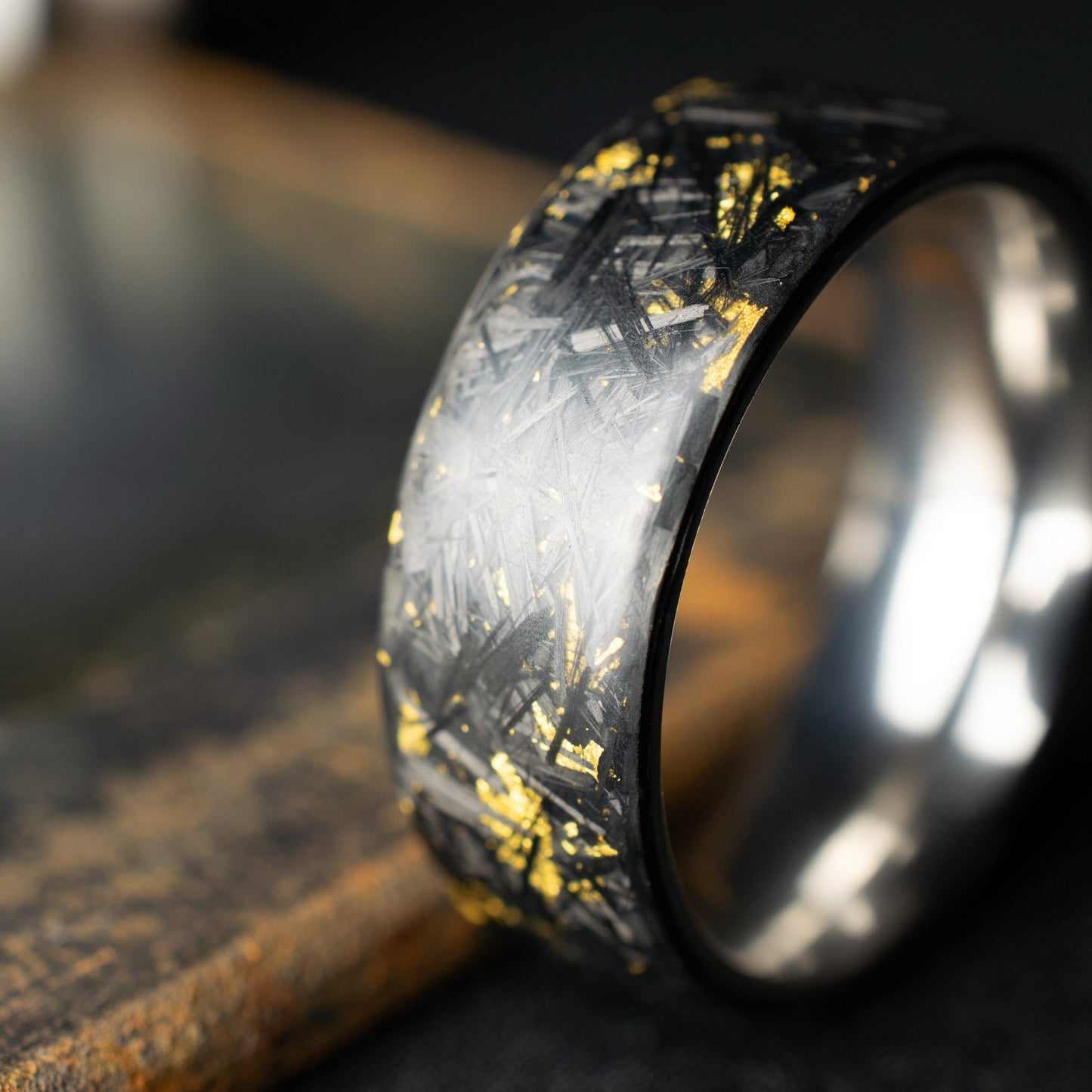 Matte 24k Gold Chopped Carbon Fiber, Lined With Titanium. Forged Carbon. Durable Waterproof Mens Wedding Band.