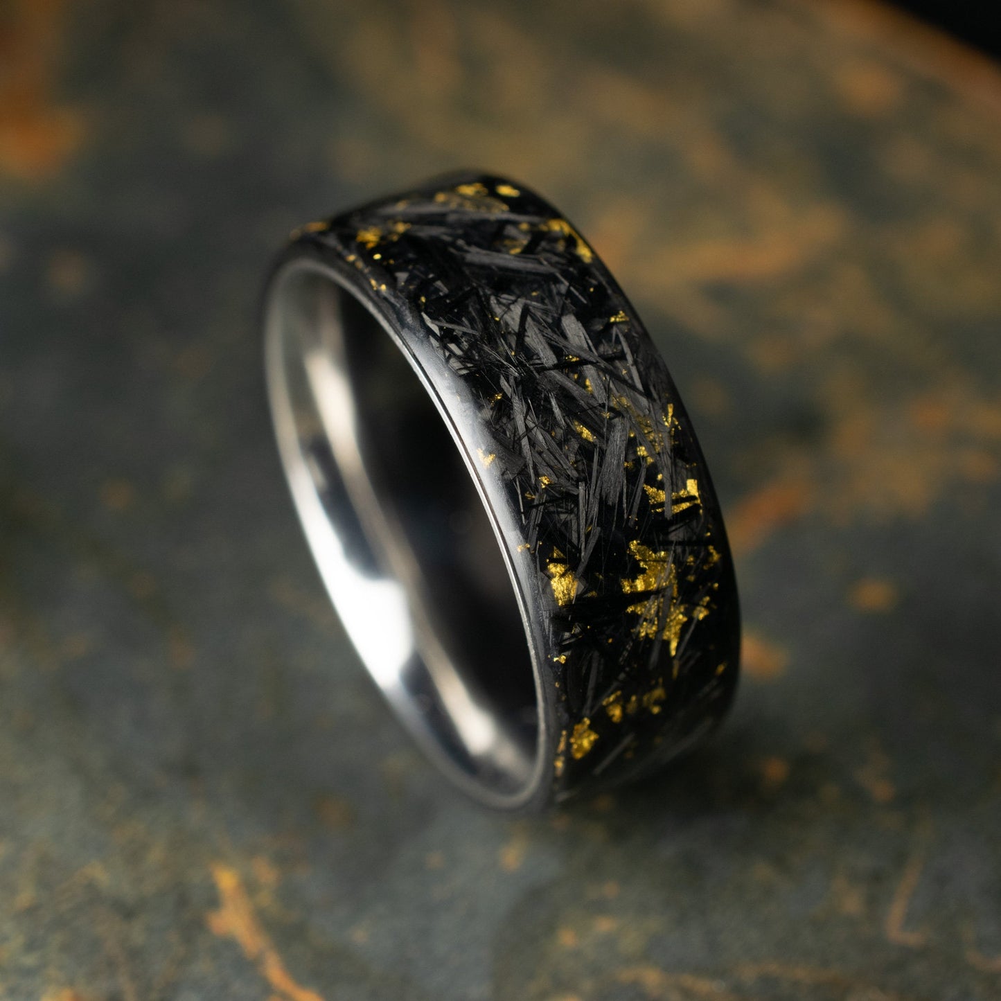 Matte 24k Gold Chopped Carbon Fiber, Lined With Titanium. Forged Carbon. Durable Waterproof Mens Wedding Band.