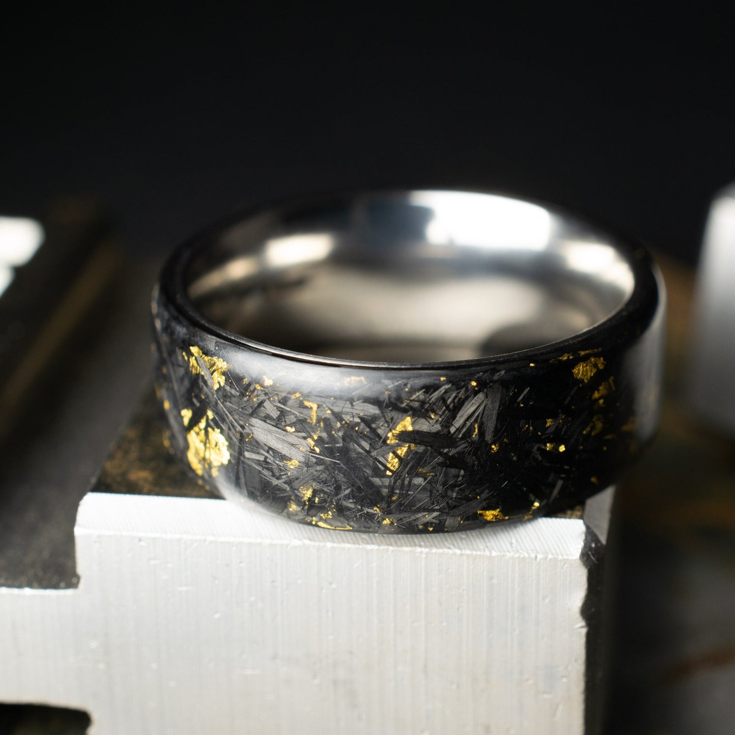 Matte 24k Gold Chopped Carbon Fiber, Lined With Titanium. Forged Carbon. Durable Waterproof Mens Wedding Band.