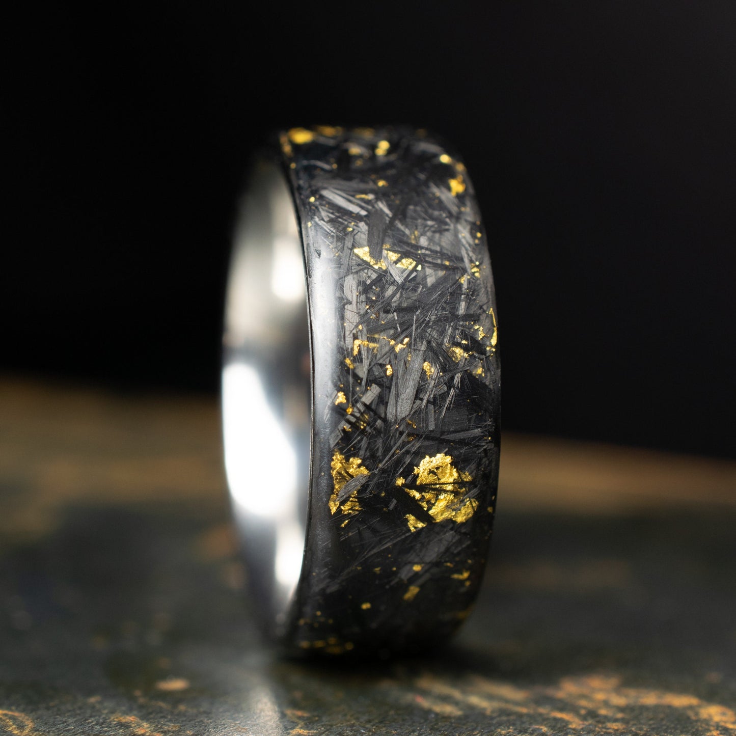 Matte 24k Gold Chopped Carbon Fiber, Lined With Titanium. Forged Carbon. Durable Waterproof Mens Wedding Band.