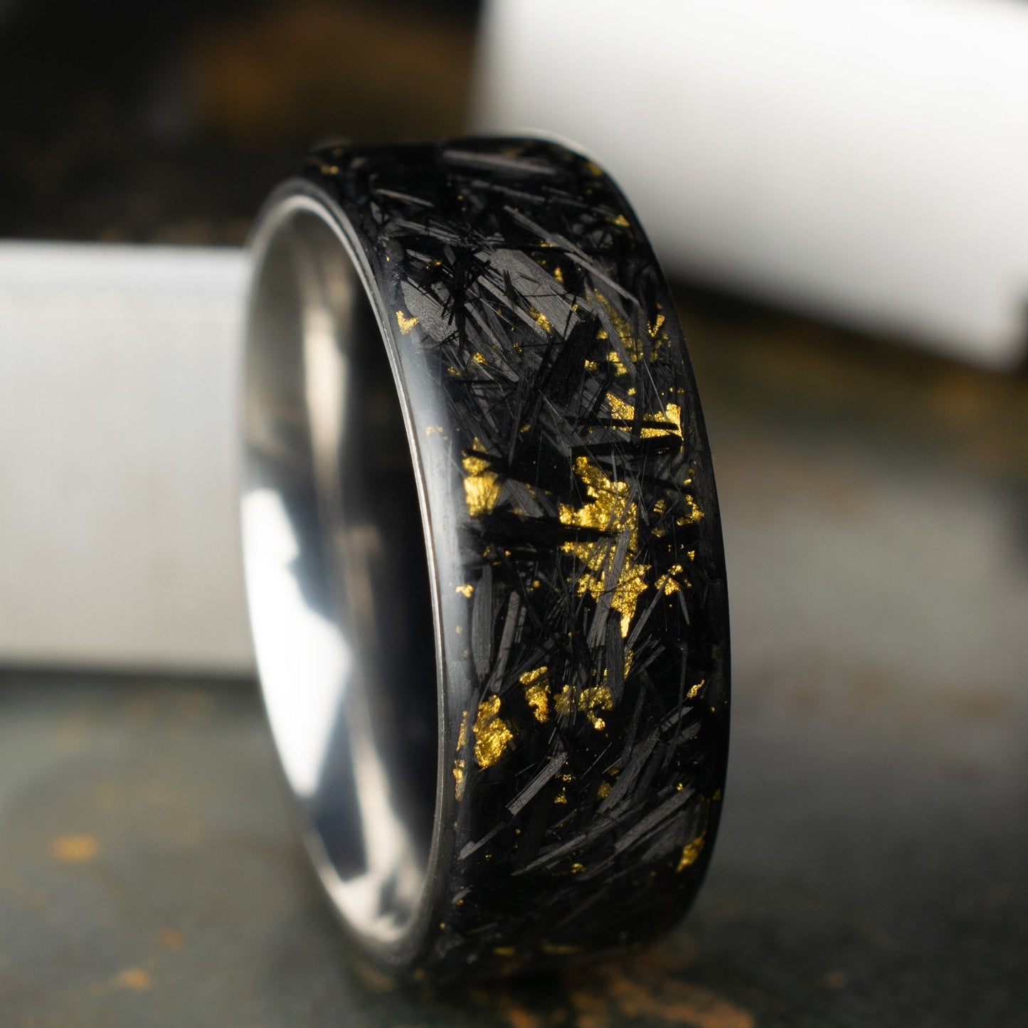 Matte 24k Gold Chopped Carbon Fiber, Lined With Titanium. Forged Carbon. Durable Waterproof Mens Wedding Band.
