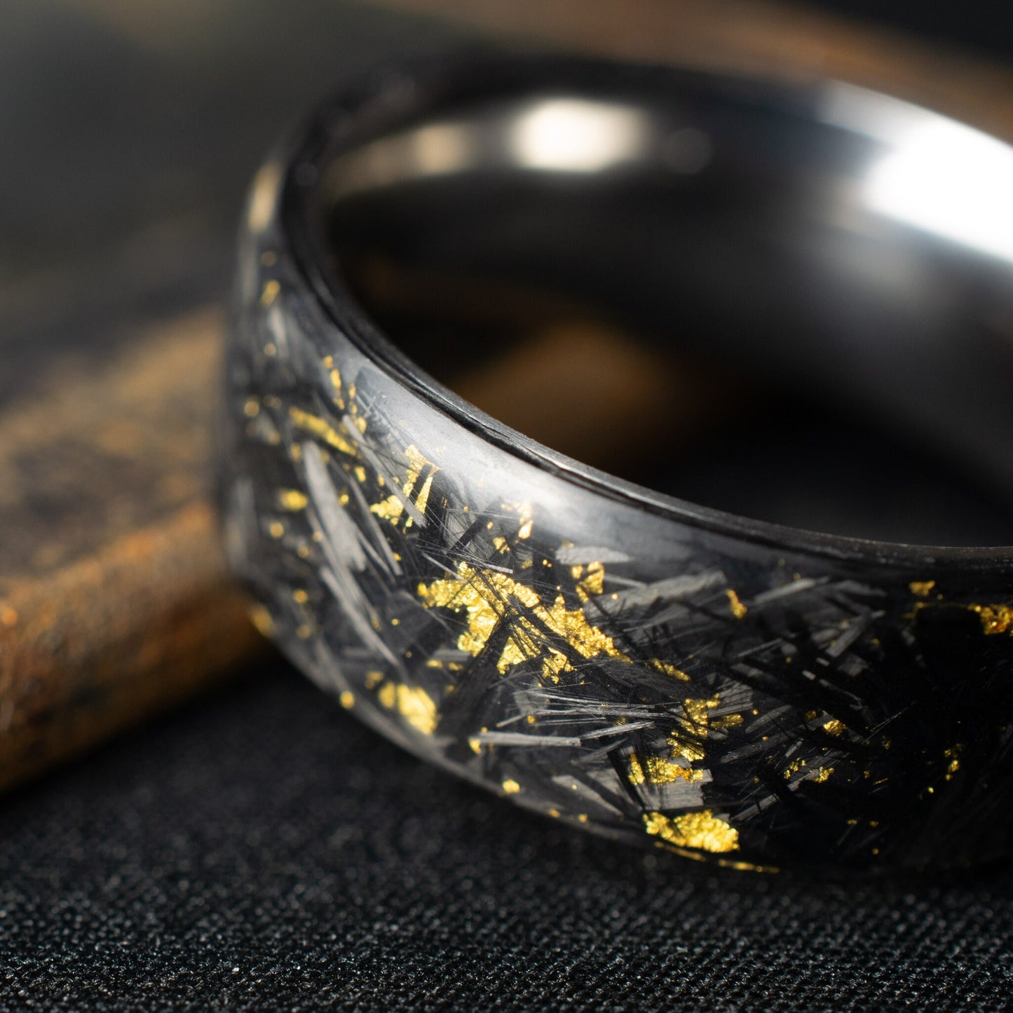 Matte 24k Gold Chopped Carbon Fiber, Lined With Titanium. Forged Carbon. Durable Waterproof Mens Wedding Band.