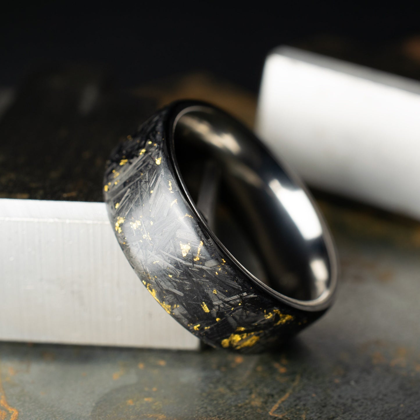 Matte 24k Gold Chopped Carbon Fiber, Lined With Titanium. Forged Carbon. Durable Waterproof Mens Wedding Band.