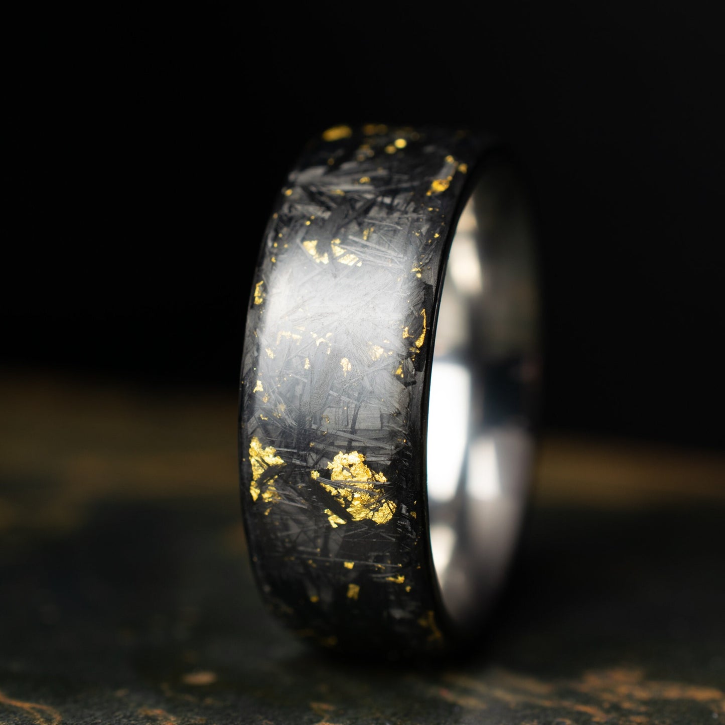 Matte 24k Gold Chopped Carbon Fiber, Lined With Titanium. Forged Carbon. Durable Waterproof Mens Wedding Band.
