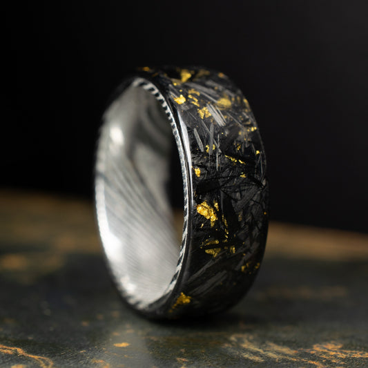 Polished 24k Gold Chopped Carbon Fiber Lined With Damascus Steel. Forged Carbon Fiber. Mens Black Wedding Ring. Exclusive.