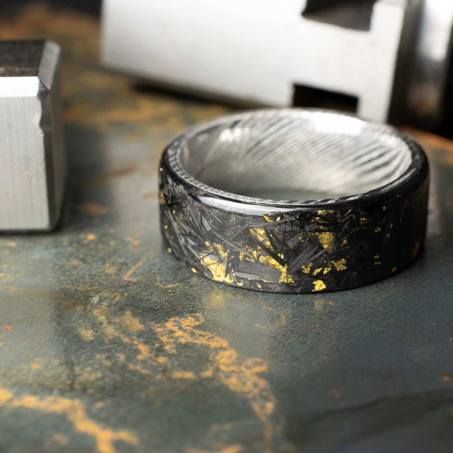 Polished 24k Gold Chopped Carbon Fiber Lined With Damascus Steel. Forged Carbon Fiber. Mens Black Wedding Ring. Exclusive.
