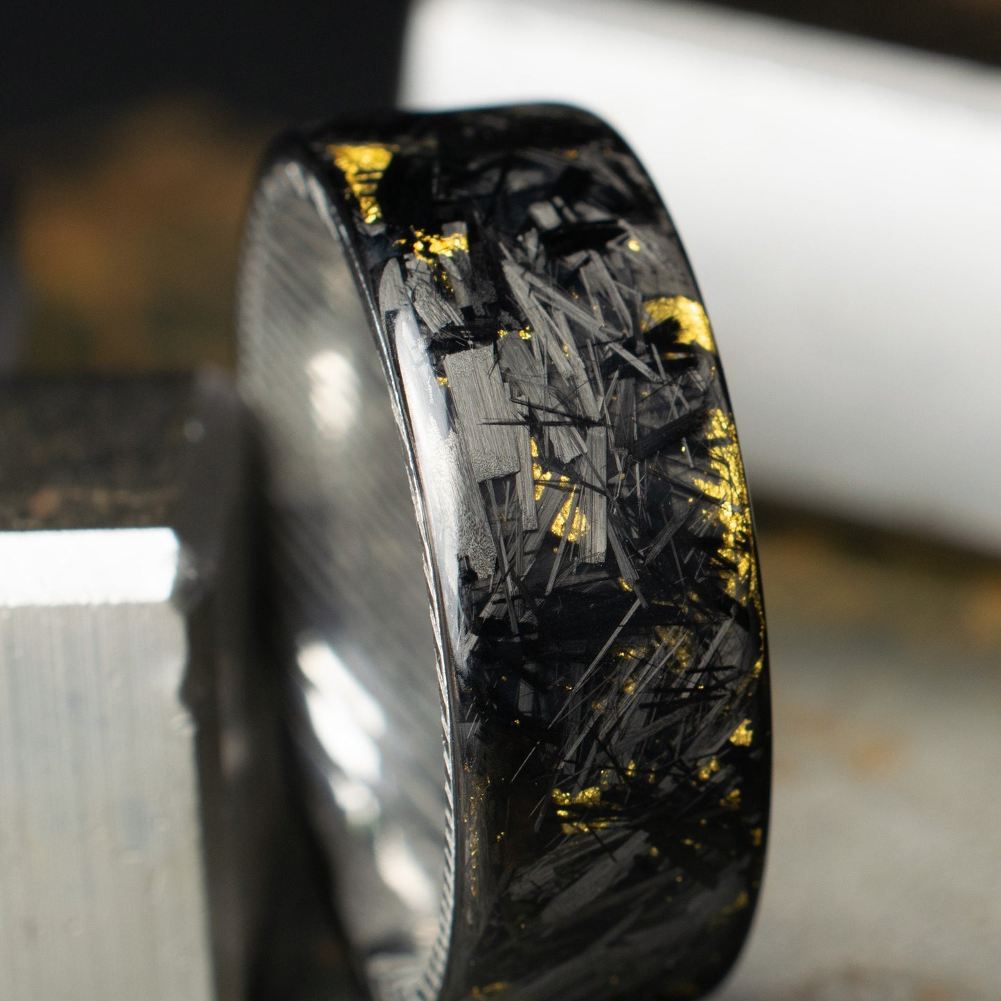 Polished 24k Gold Chopped Carbon Fiber Lined With Damascus Steel. Forged Carbon Fiber. Mens Black Wedding Ring. Exclusive.