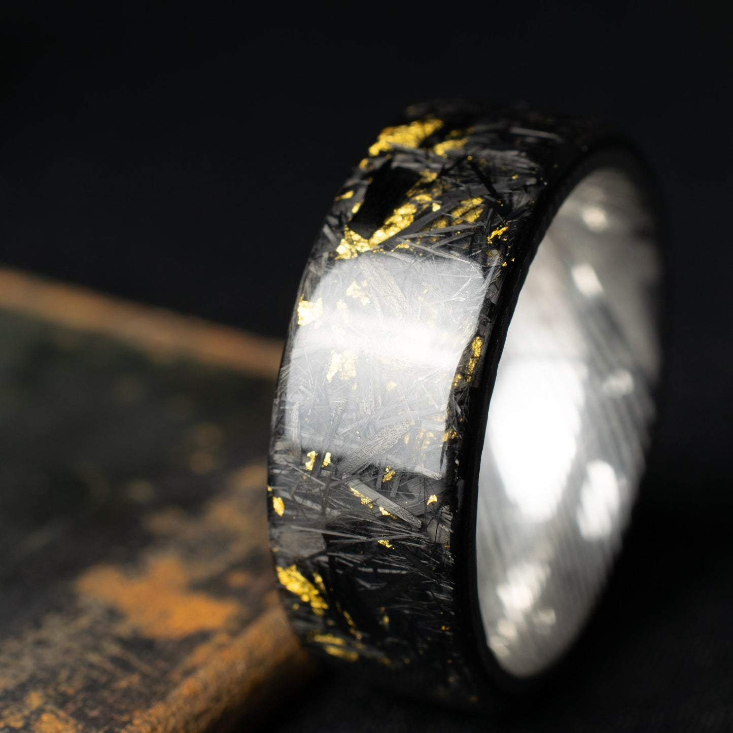 Polished 24k Gold Chopped Carbon Fiber Lined With Damascus Steel. Forged Carbon Fiber. Mens Black Wedding Ring. Exclusive.