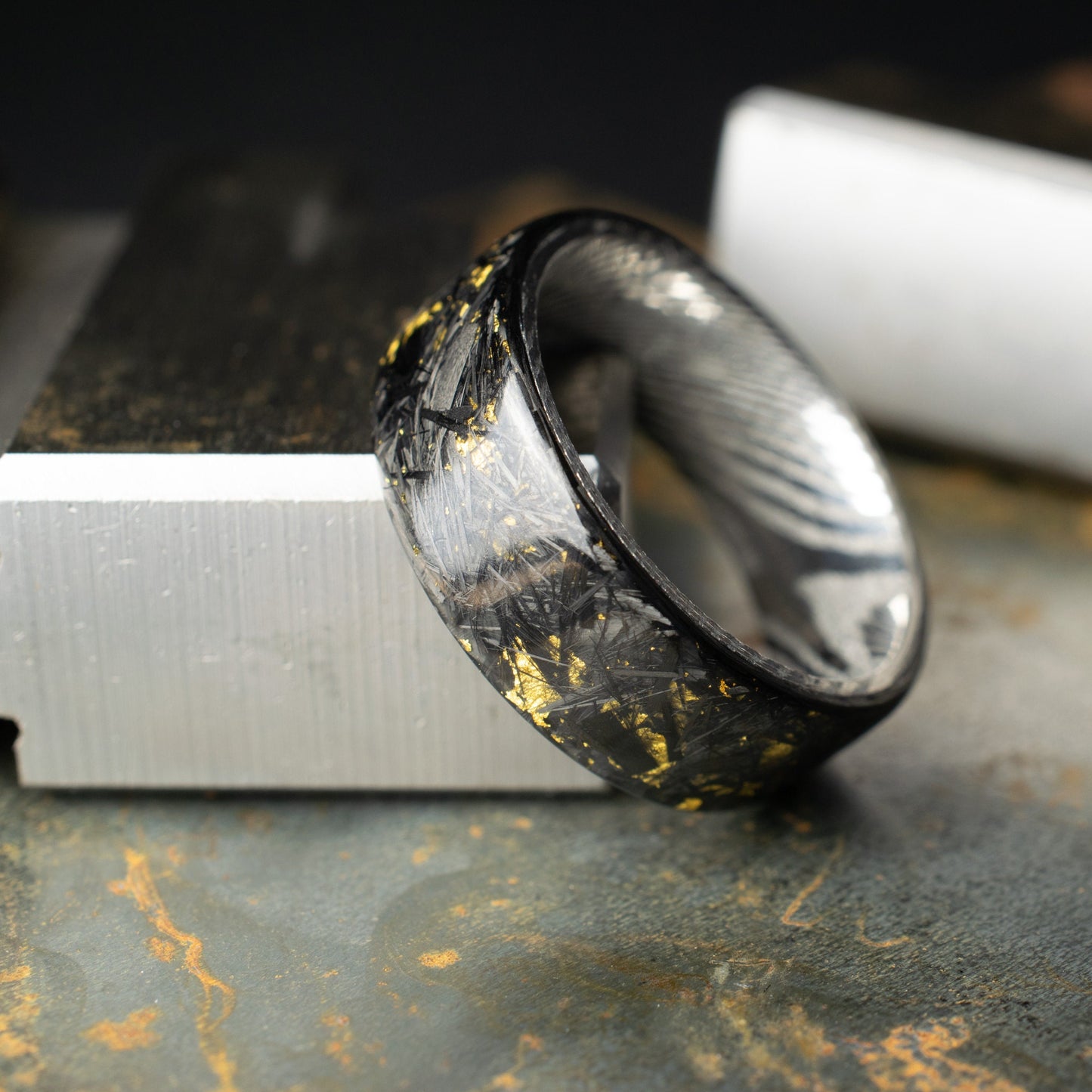 Polished 24k Gold Chopped Carbon Fiber Lined With Damascus Steel. Forged Carbon Fiber. Mens Black Wedding Ring. Exclusive.