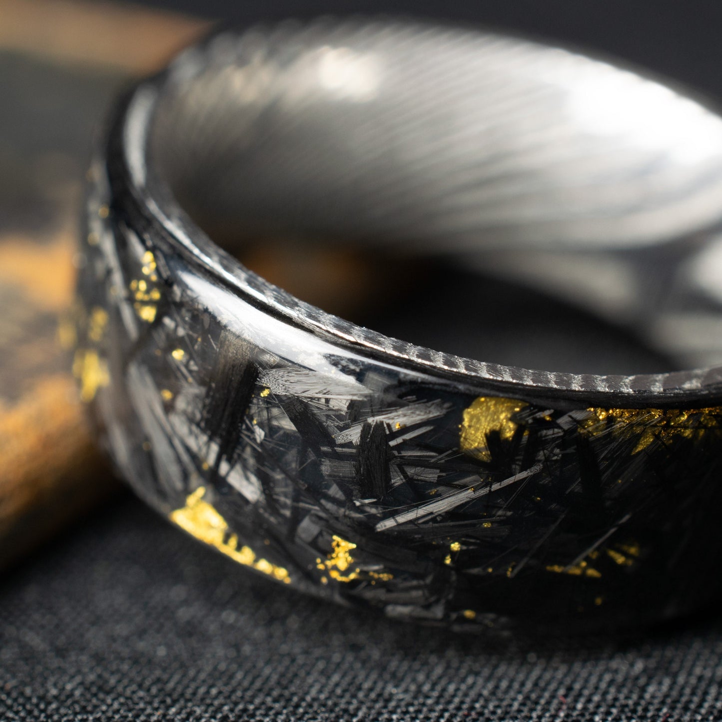 Polished 24k Gold Chopped Carbon Fiber Lined With Damascus Steel. Forged Carbon Fiber. Mens Black Wedding Ring. Exclusive.