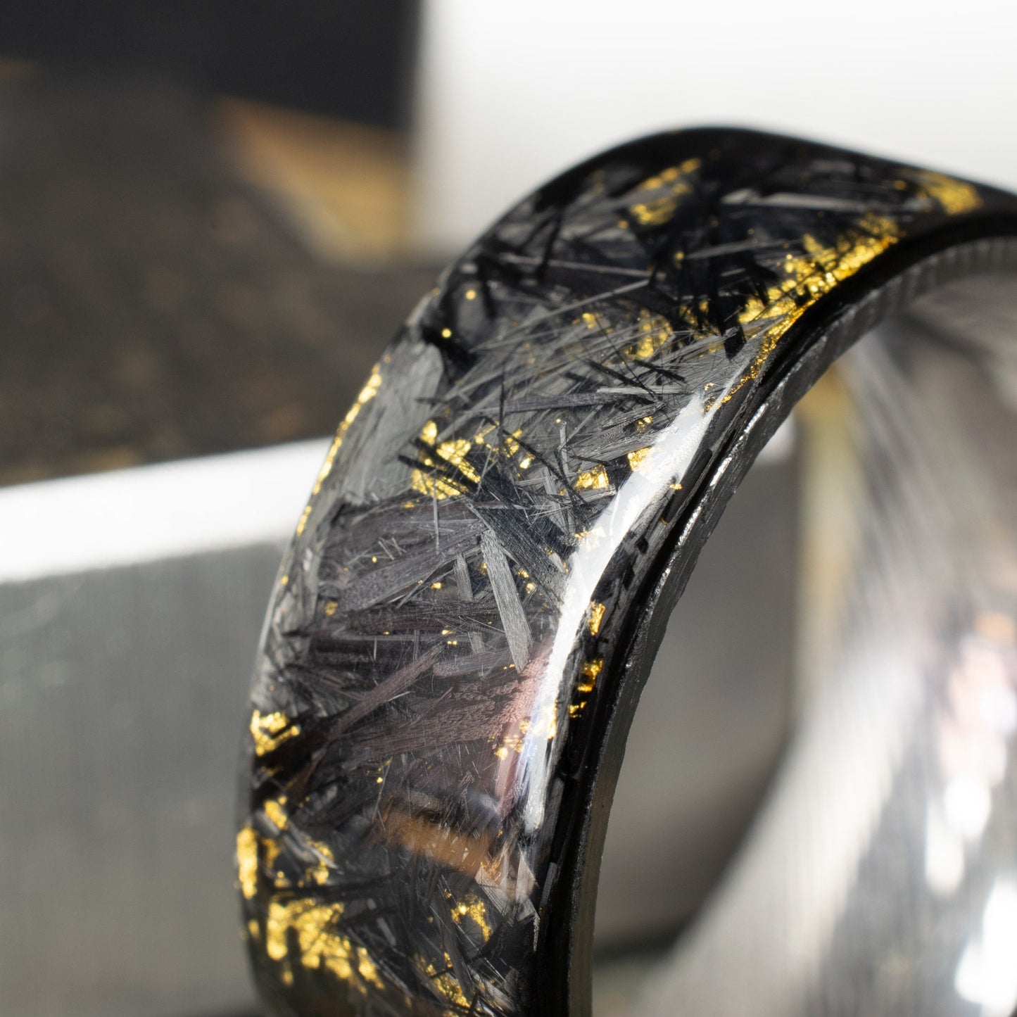 Polished 24k Gold Chopped Carbon Fiber Lined With Damascus Steel. Forged Carbon Fiber. Mens Black Wedding Ring. Exclusive.
