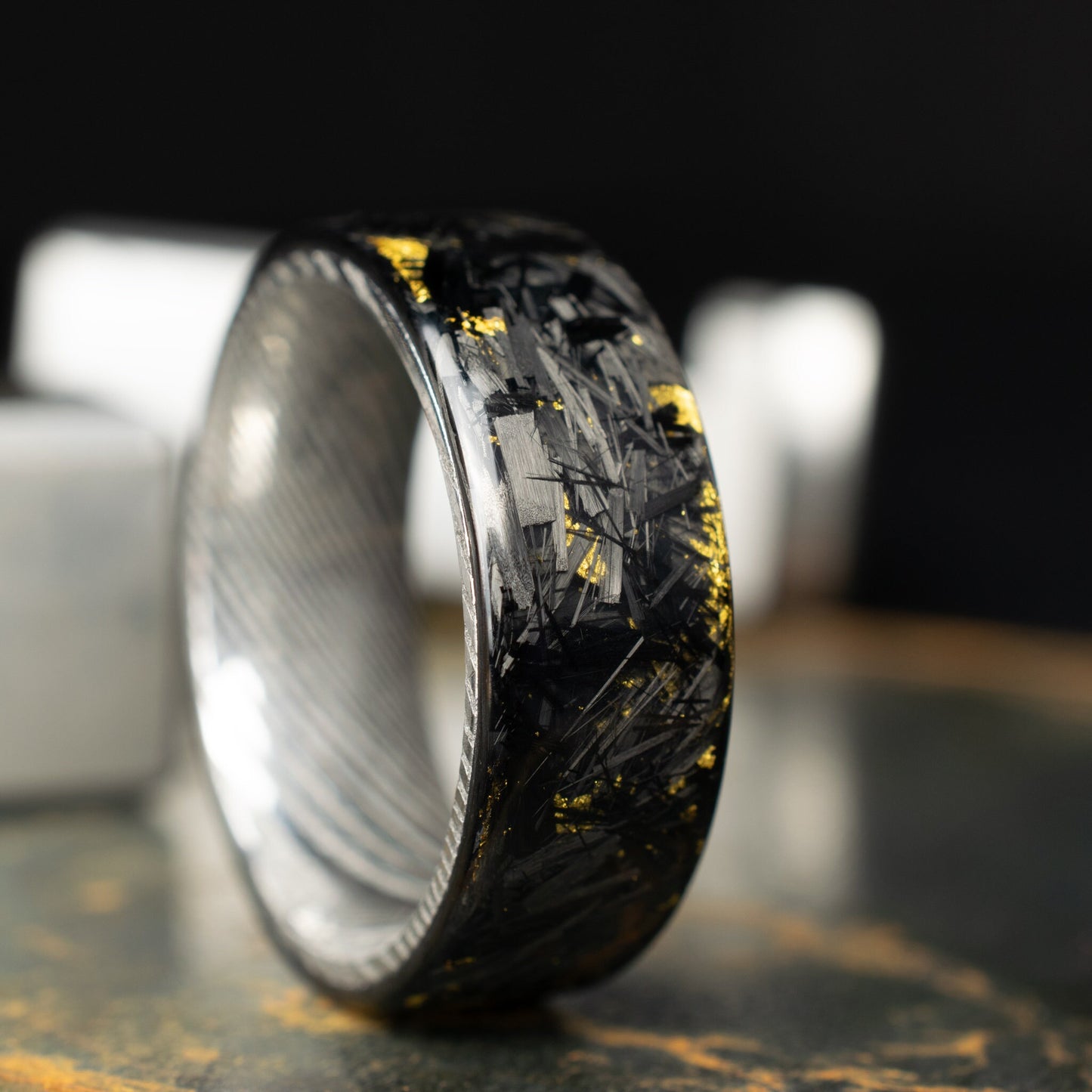 Polished 24k Gold Chopped Carbon Fiber Lined With Damascus Steel. Forged Carbon Fiber. Mens Black Wedding Ring. Exclusive.