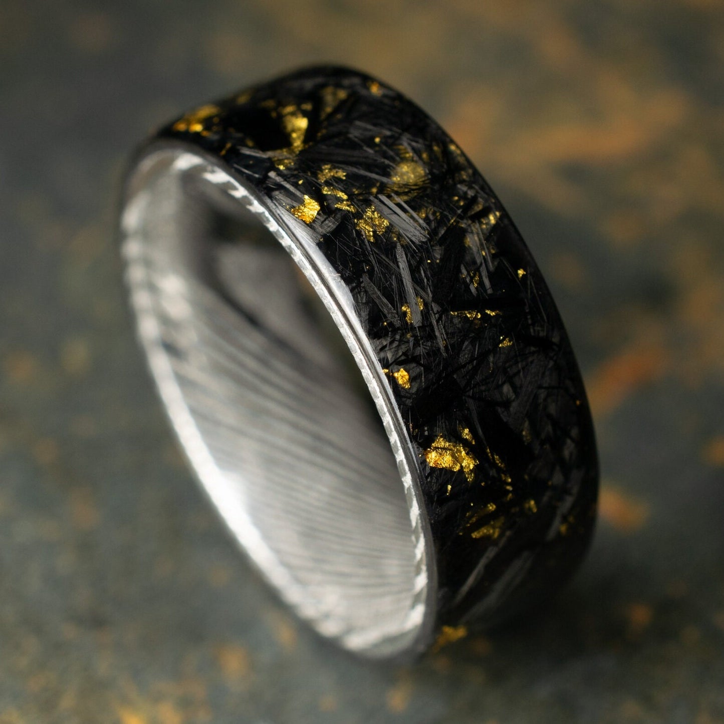 Polished 24k Gold Chopped Carbon Fiber Lined With Damascus Steel. Forged Carbon Fiber. Mens Black Wedding Ring. Exclusive.