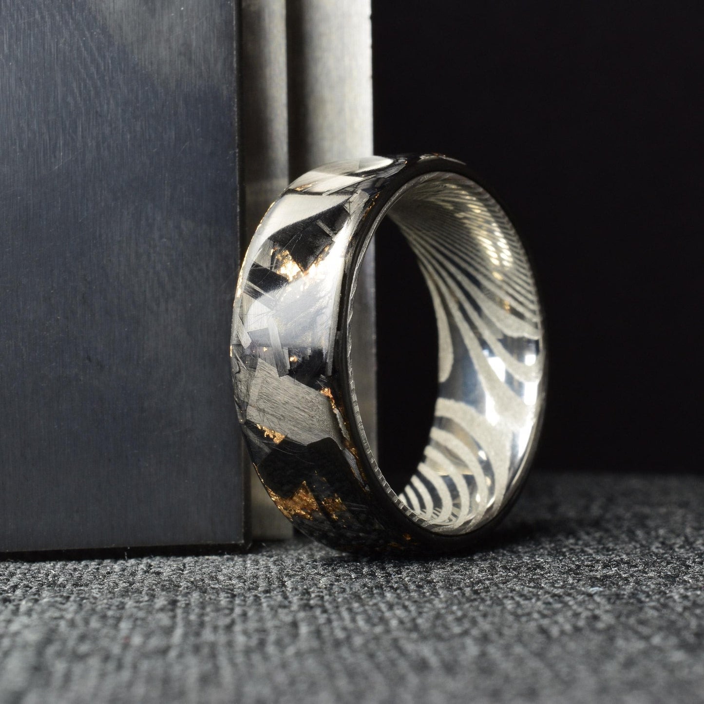 Polished Rose Gold Chopped Lg Carbon Fiber Lined With Stainless Steel Damascus. Forged Carbon Fiber. Exclusive