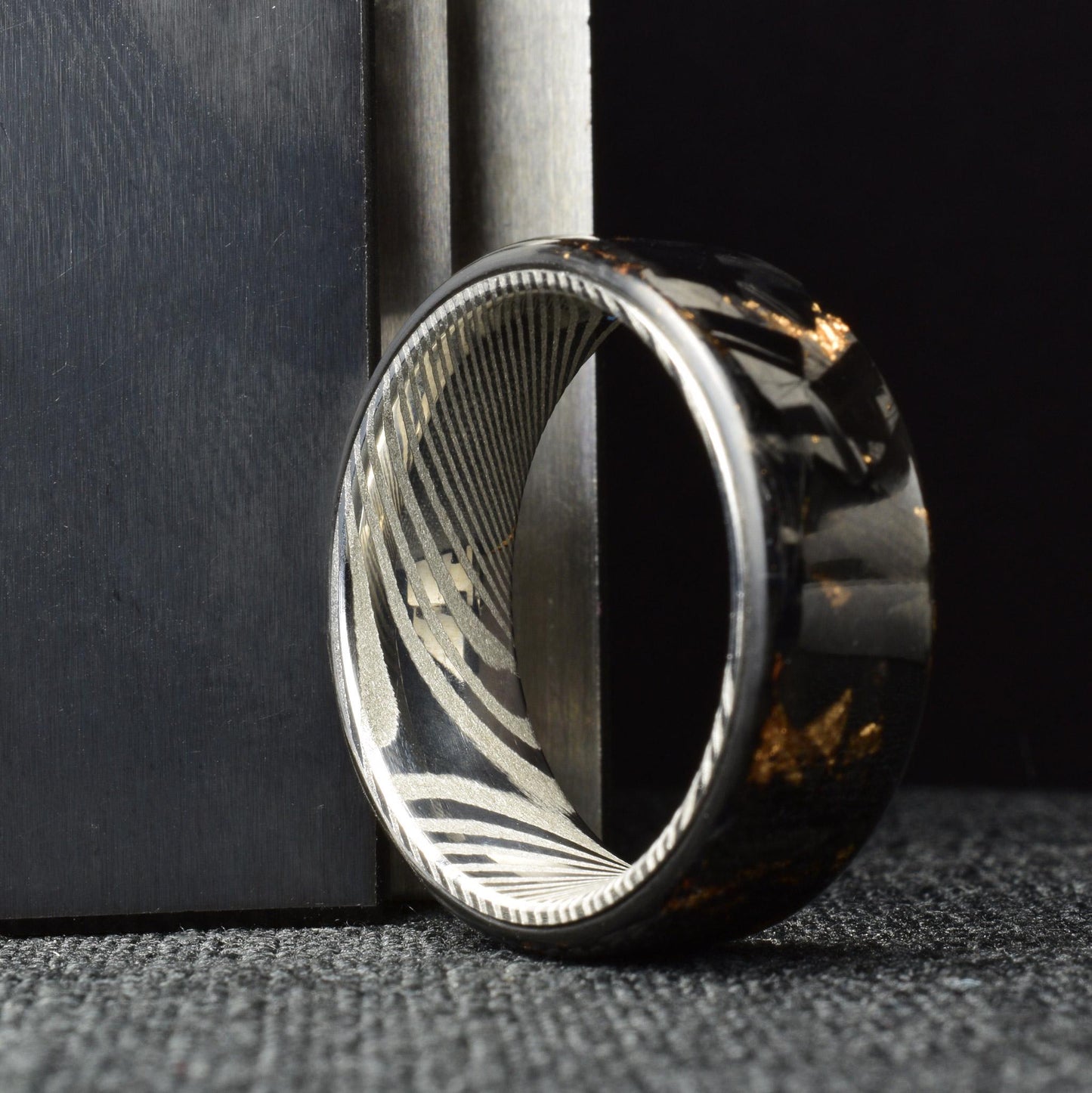 Polished Rose Gold Chopped Lg Carbon Fiber Lined With Stainless Steel Damascus. Forged Carbon Fiber. Exclusive