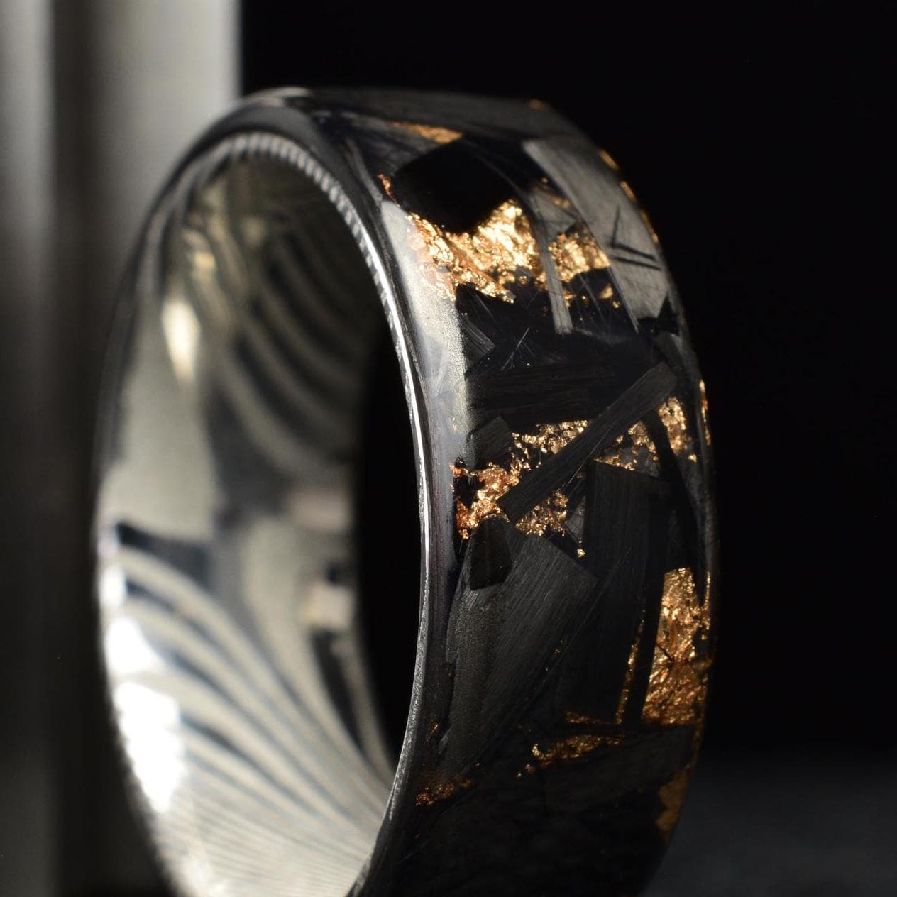 Polished Rose Gold Chopped Lg Carbon Fiber Lined With Stainless Steel Damascus. Forged Carbon Fiber. Exclusive