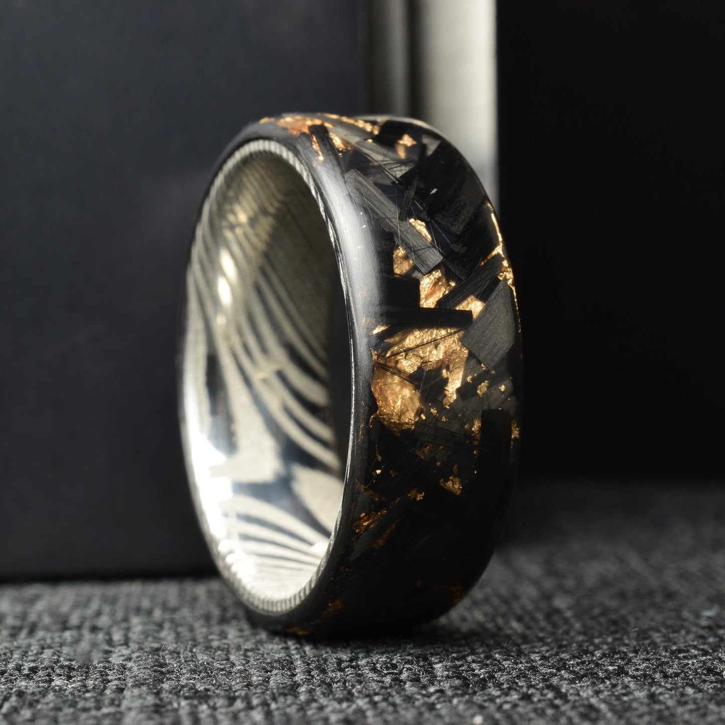 Matte Rose Gold Chopped Lg Carbon Fiber Lined With Stainless Steel Damascus. Forged Carbon Fiber. Exclusive. Durable.