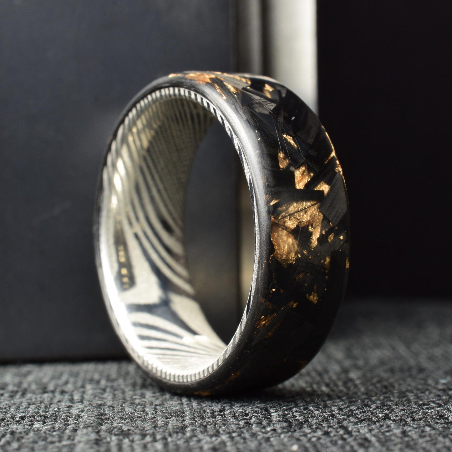 Matte Rose Gold Chopped Lg Carbon Fiber Lined With Stainless Steel Damascus. Forged Carbon Fiber. Exclusive. Durable.