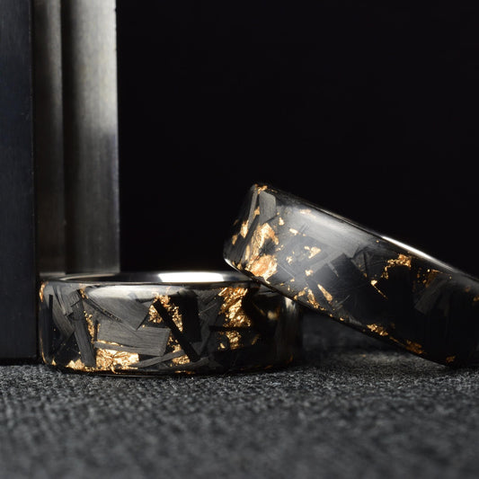 Polished Rose Gold Chopped Lg Carbon Fiber Lined With Comfort Fit Titanium. Forged Carbon Fiber. Black Ring.