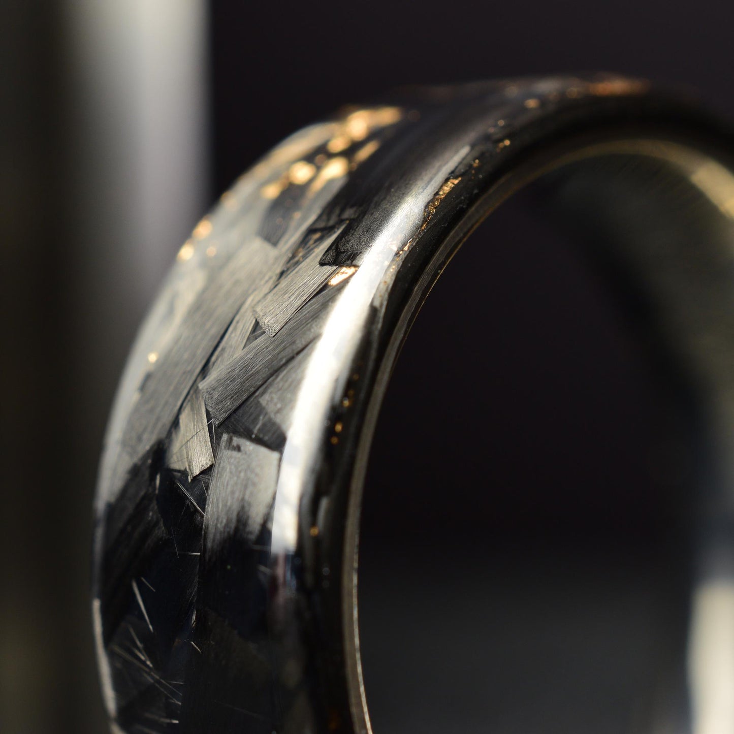 Polished Rose Gold Chopped Lg Carbon Fiber Lined With Comfort Fit Titanium. Forged Carbon Fiber. Black Ring.