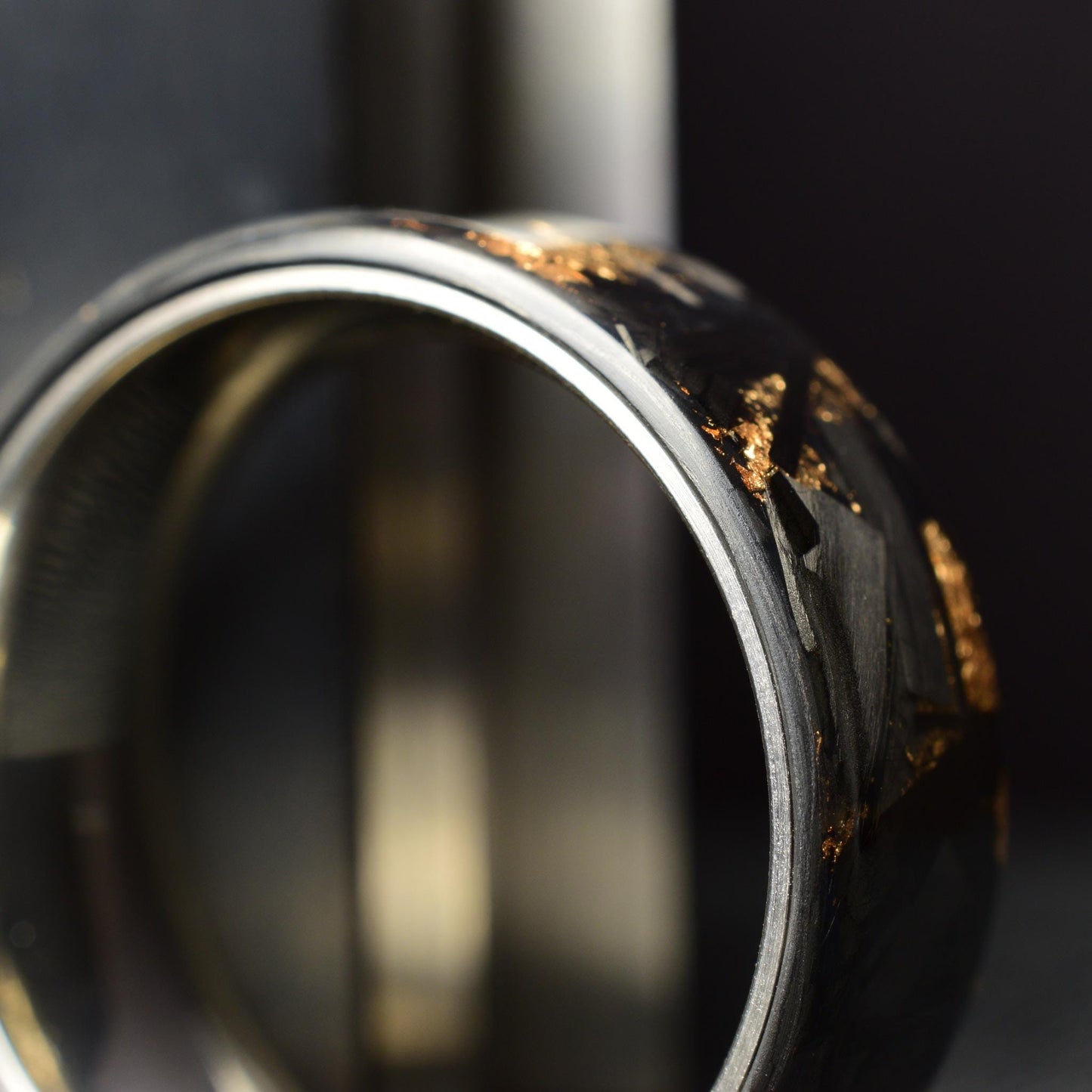 Polished Rose Gold Chopped Lg Carbon Fiber Lined With Comfort Fit Titanium. Forged Carbon Fiber. Black Ring.
